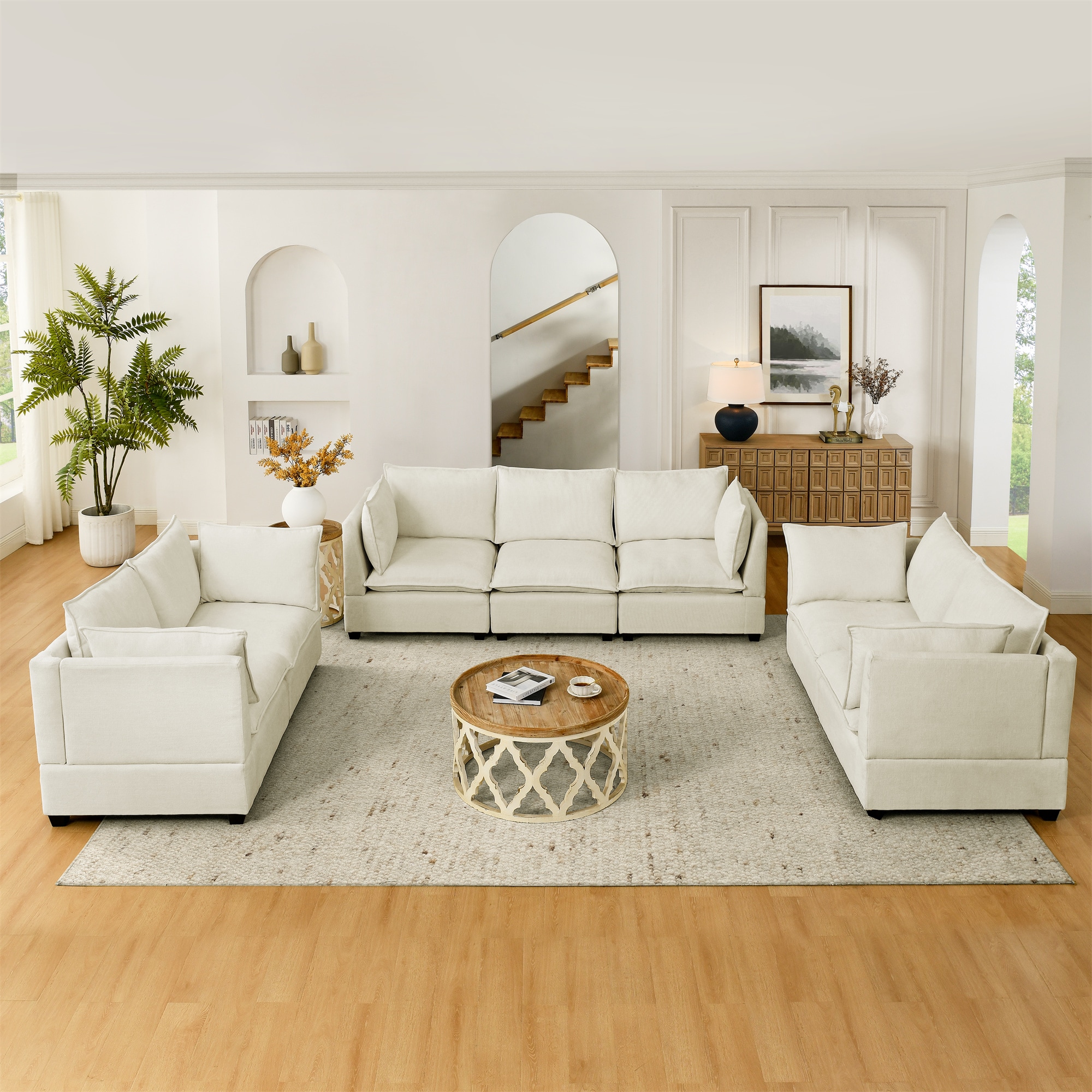 3-Piece Chenille Fabric Upholstered Living Room Furniture Set, Including 3-Seater Sofa andV2 Loveseat Sofa with Seat and Back Cushion(Beige White) 